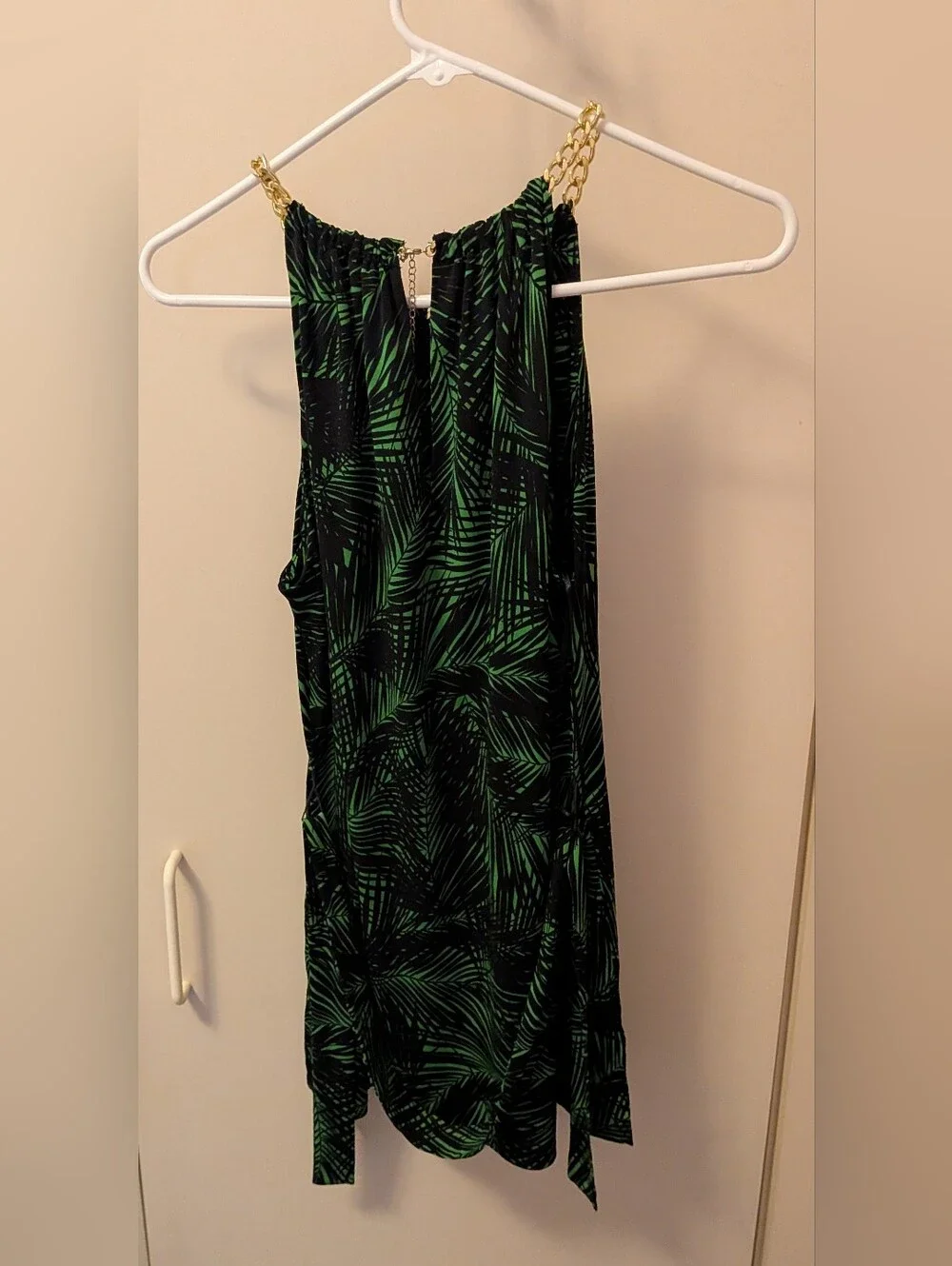 Michael Kors Green Palm-Print Slip Tunic with Gold Chain Straps